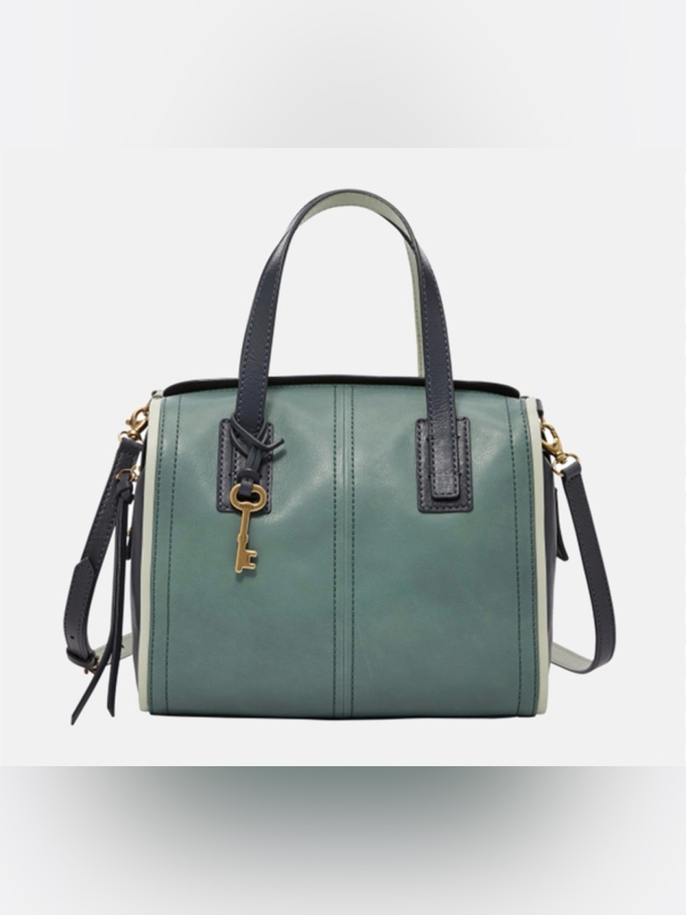 Fossil Two-Tone Green Leather Satchel with Key Charm